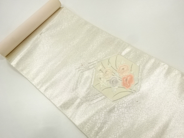 JAPANESE KIMONO / ANTIQUE BOLT FOR NAGOYA OBI / SILK / EMBROIDERY / FLOWER